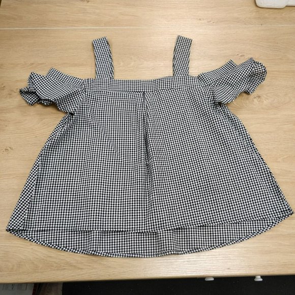 SAKS FIFTH AVENUE Cold Shoulder Top Gingham Check Floral Applique Black White S - Picture 7 of 8